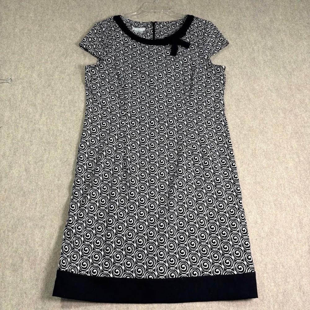 London Times Dress Womens 14 Black White Poly Sheath Swirl Bow Career Classic